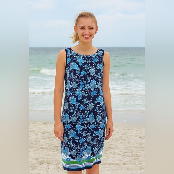 Chico’s Ponte Border Floral Print Shift Dress Sz 1 (M/8) Blue/Green/White - Picture 2 of 4